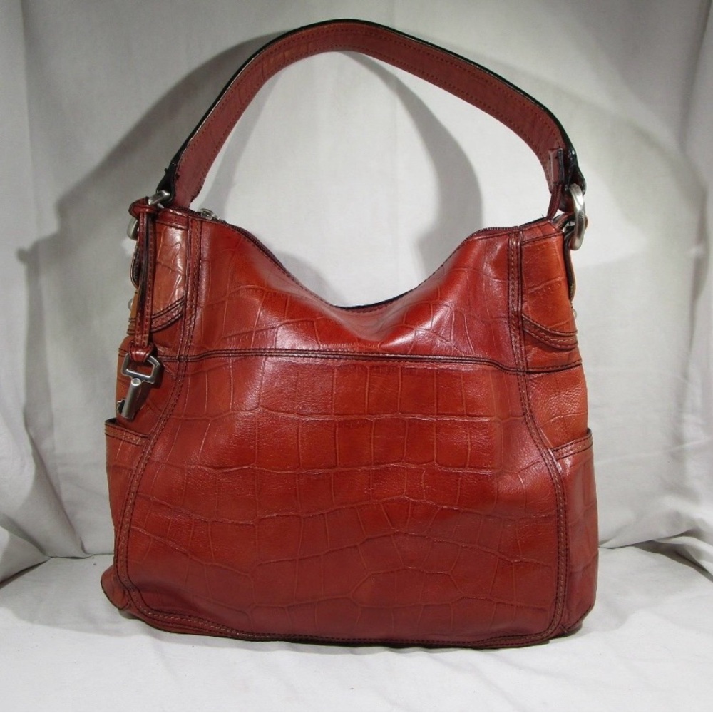 Authenticated Fossil Croc Embossed Handbag And Ch… - image 2